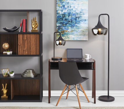 64" Black Task Floor Lamp With Black Glass Bowl Shade - Image 3