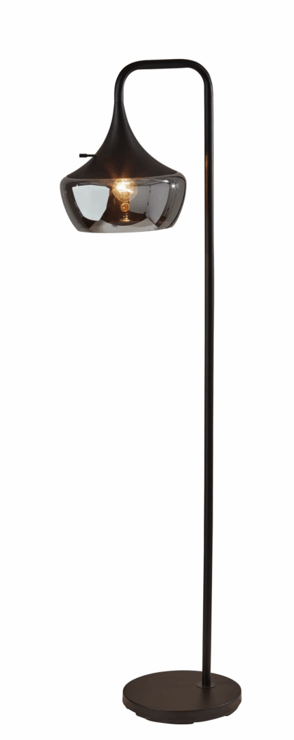 64" Black Task Floor Lamp With Black Glass Bowl Shade - Image 1