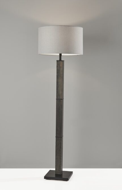 62" Black Wood And Metal Floor Lamp With Light Gray Fabric Drum Shade - Image 8