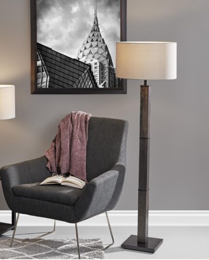 62" Black Wood And Metal Floor Lamp With Light Gray Fabric Drum Shade - Image 9