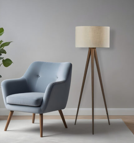 60" Brown And White Tripod Floor Lamp With White Linen Drum Shade - Image 1