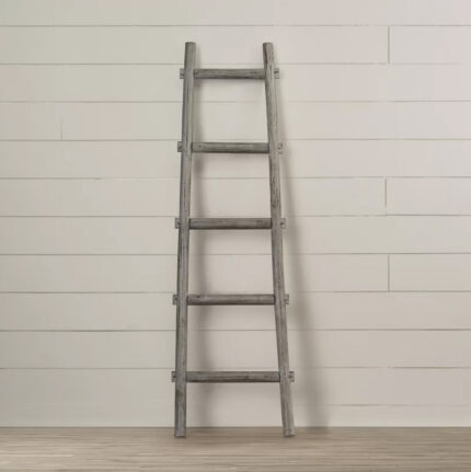 59" Gray Five Step Rustic Weathered Grey Wood Ladder Shelf - Image 7