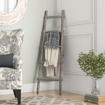 59" Gray Five Step Rustic Weathered Grey Wood Ladder Shelf - Image 8