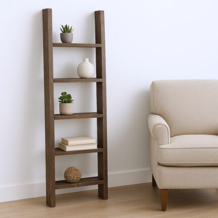 57" Brown Rustic Five Step Wood Ladder Shelf - Image 2