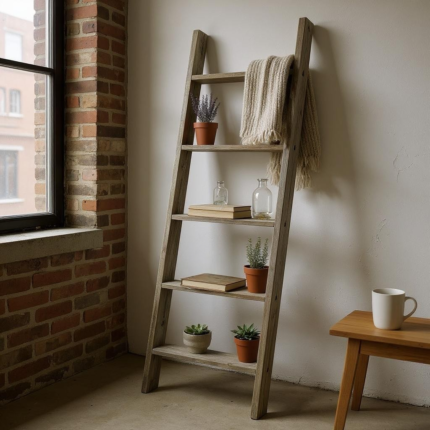 60" Gray Rustic Five Step Wood Ladder Shelf - Image 2