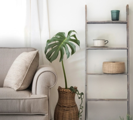 60" Gray Rustic Five Step Wood Ladder Shelf - Image 1