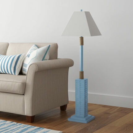 63" Light Blue Polyresin Floor Lamp With Tan Linen Shade - Image 1
