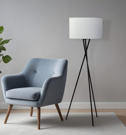 66" Black Tripod Floor Lamp With White Fabric Drum Shade - Image 1
