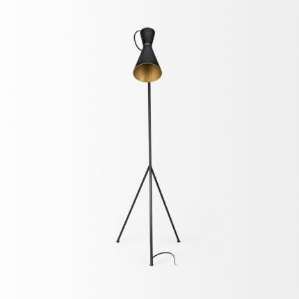 58" Black Metal Tripod Floor Lamp With Black And Gold Metal Cone Shade - Image 3