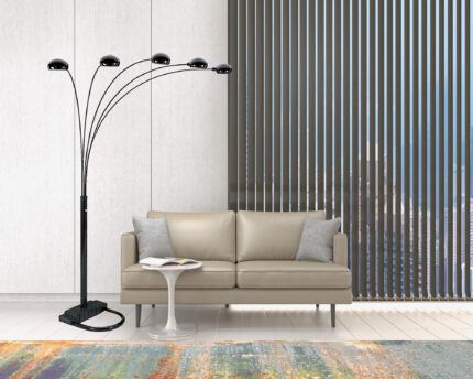 84" Black Five Light Arc Floor Lamp With Black Dome Shade - Image 3
