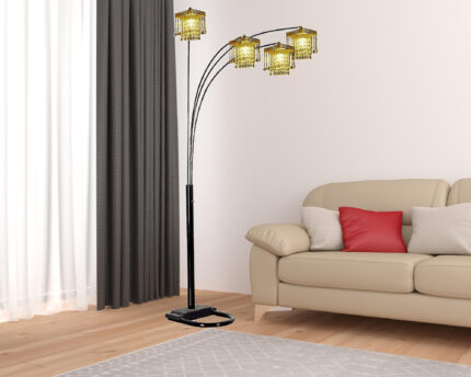 84" Black Four Light Arc Floor Lamp With Clear Crystal Glass Chandelier Shade - Image 3