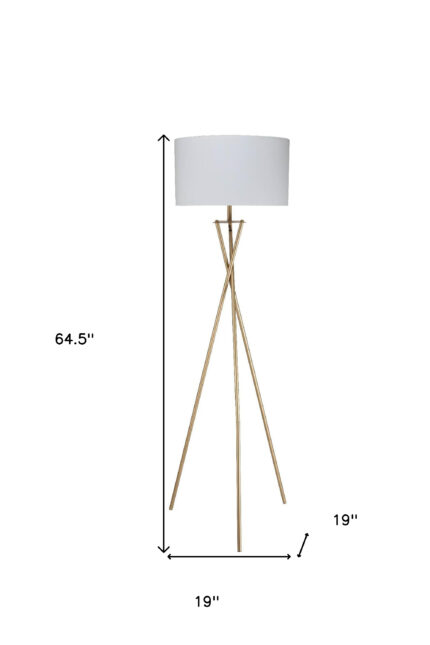 65" Gold And White Tripod Floor Lamp With White Fabric Drum Shade - Image 5