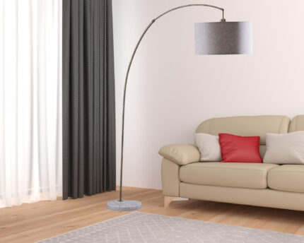 86" Beige And Antique Gold Arched Floor Lamp With Gray Drum Shade - Image 3