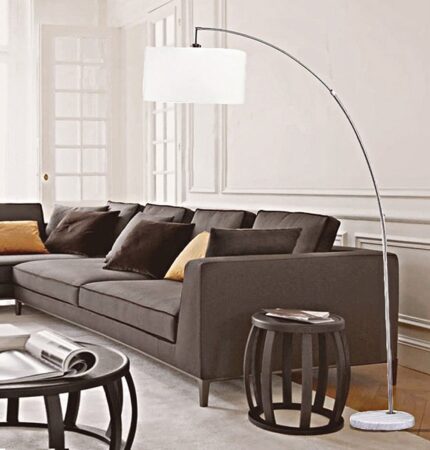 86" White And Silver Arc Floor Lamp With White Drum Shade - Image 5