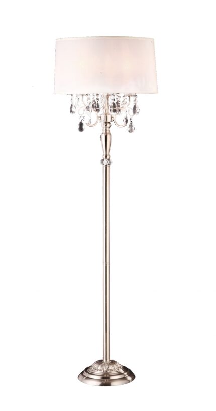 62" Silver Three Light Candelabra Floor Lamp With White Fabric Drum Shade - Image 1