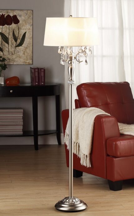 62" Silver Three Light Candelabra Floor Lamp With White Fabric Drum Shade - Image 3