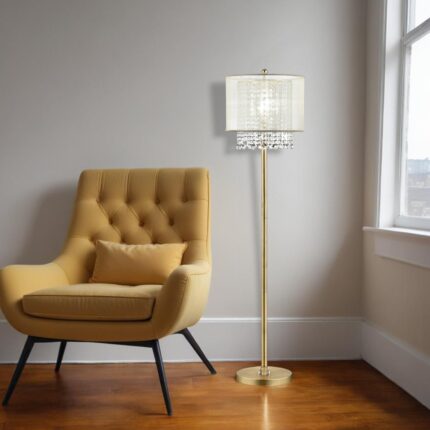65" Gold And White Novelty Floor Lamp With White Fabric Drum Shade - Image 1