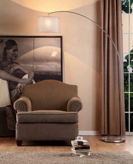 85" Silver Adjustable Arched Floor Lamp With White Fabric Drum Shade - Image 3