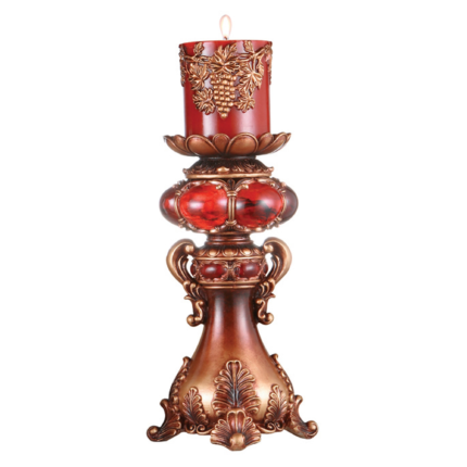 16" Tall Red and Brown Faux Marble Candle Holder with Candle - Image 3
