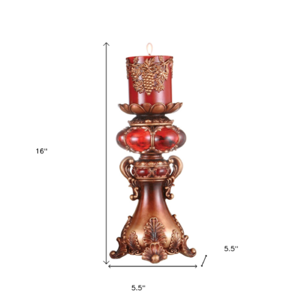 16" Tall Red and Brown Faux Marble Candle Holder with Candle - Image 6