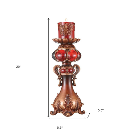 20" Brown and Red Faux Marble Tabletop Candle Holder and Candle - Image 6