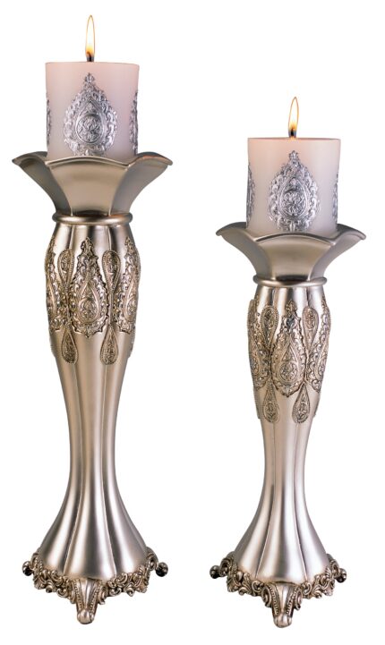 Set of Two Silver Metallic Polyresin Ornate Tabletop Pillar Candle Holders With Candle - Image 4