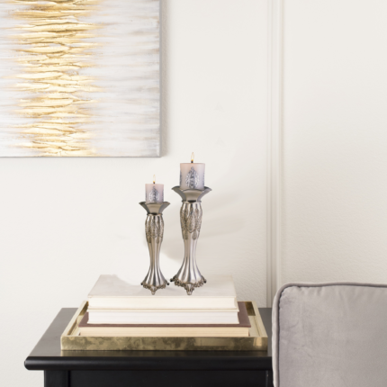Set of Two Silver Metallic Polyresin Ornate Tabletop Pillar Candle Holders With Candle - Image 7