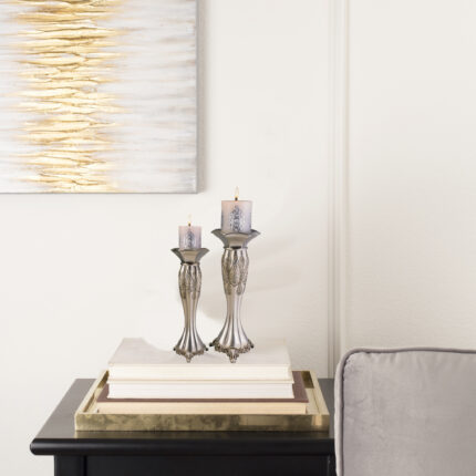 Set of Two Silver Metallic Polyresin Ornate Tabletop Pillar Candle Holders With Candle - Image 7