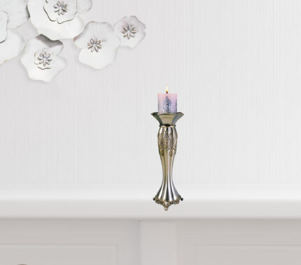 Set of Two Silver Metallic Polyresin Ornate Tabletop Pillar Candle Holders With Candle - Image 1
