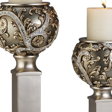 Set of Two Silver Polyresin Filigree Tabletop Pillar Candle Holders With Candle - Image 5