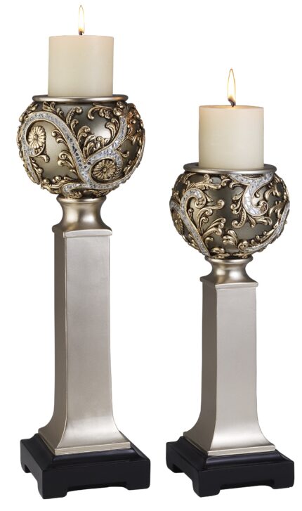 Set of Two Silver Polyresin Filigree Tabletop Pillar Candle Holders With Candle - Image 4
