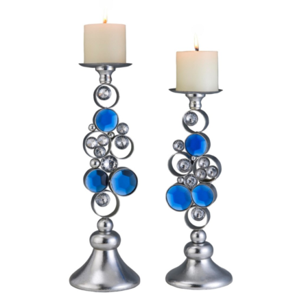 Set Of Two Silver and Blue Bling Tabletop Pillar Candle Holders - Image 2