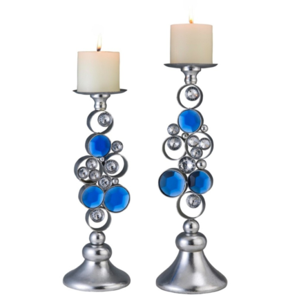 Set Of Two Silver and Blue Bling Tabletop Pillar Candle Holders - Image 3