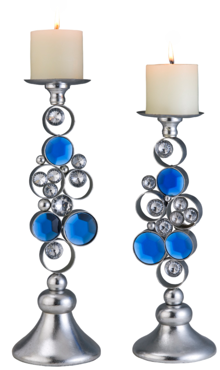 Set Of Two Silver and Blue Bling Tabletop Pillar Candle Holders - Image 4