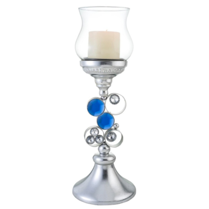 18" Silver and Blue Faux Crystal Bling Hurricane Candle Holder - Image 1