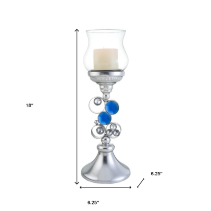 18" Silver and Blue Faux Crystal Bling Hurricane Candle Holder - Image 6