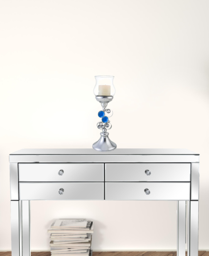 18" Silver and Blue Faux Crystal Bling Hurricane Candle Holder - Image 3