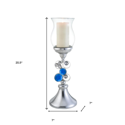 21" Silver and Blue Faux Crystal Bling Hurricane Candle Holder - Image 6