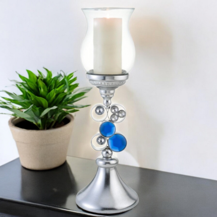 21" Silver and Blue Faux Crystal Bling Hurricane Candle Holder - Image 1