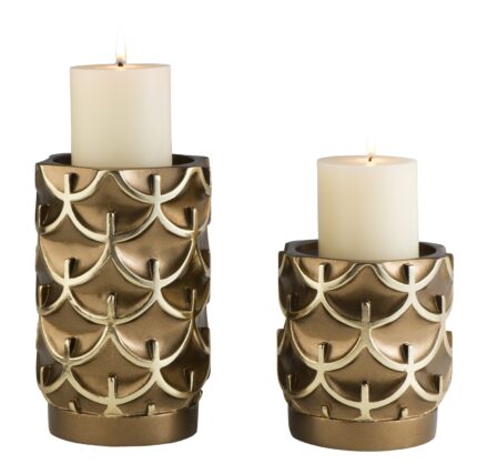 Set Of Two Antiqued Brass Tabletop Pillar Candle Holders - Image 4