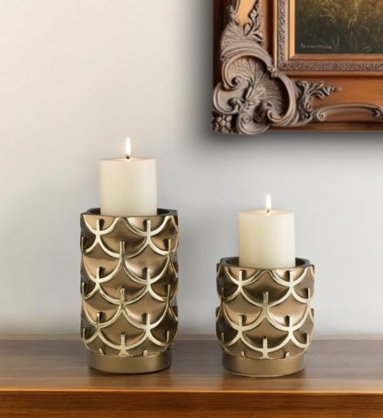 Set Of Two Antiqued Brass Tabletop Pillar Candle Holders - Image 1