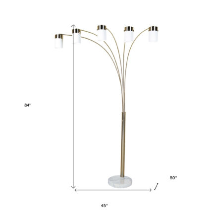 84" Gold And White Five Light Arched Floor Lamp With White Acrylic Drum Shade - Image 5