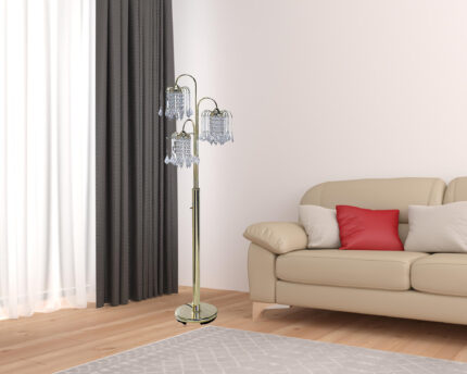 63" Gold Three Lights Candelabra Floor Lamp With Clear Faux Crystal Shades - Image 1