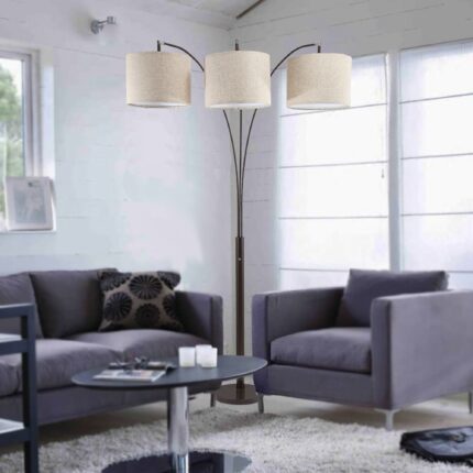 84" Beige And Espresso Brown Three Lights Tree Floor Lamp With Beige Drum Shade - Image 7