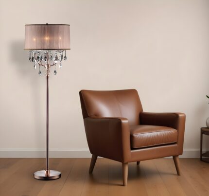 62" Silver Three Light Candelabra Floor Lamp With Pink Fabric Drum Shade - Image 2