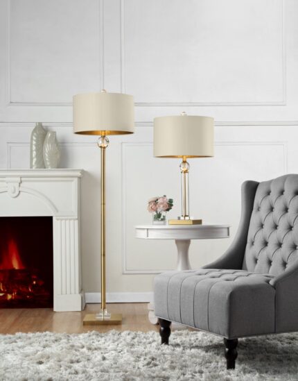63" Gold Column Floor Lamp With Off White Metal Drum Shade - Image 4