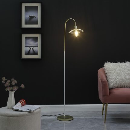 64" Gold And White Arched Floor Lamp With Gold Metal Cage Shade - Image 4