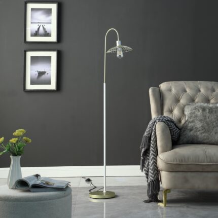 64" Gold And White Arched Floor Lamp With Gold Metal Cage Shade - Image 5