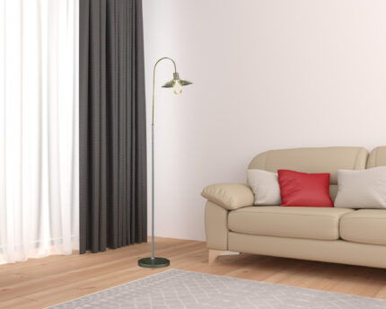 64" Gold And White Arched Floor Lamp With Gold Metal Cage Shade - Image 3