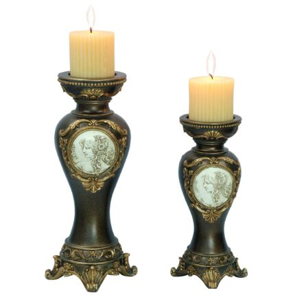 Set Of Two Bronze Greek Cameo Pillar Candle Holders - Image 2